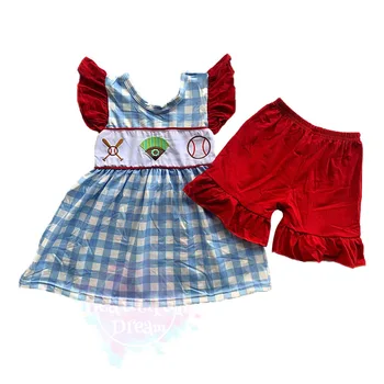 Детски дрехи в спортен стил, комплекти за малки момичета, карирани топ с къс ръкав и червени къси панталони, летни костюми за деца