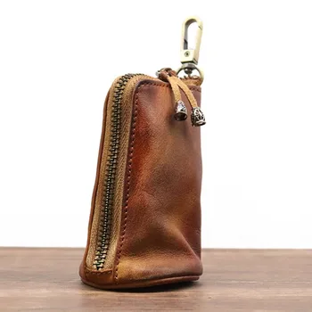 Ново записване, мъжка чанта за ключове от естествена кожа, ключодържател, модни домашна чанта за съхранение с цип, двойна чанта за ключове, Автомобилна чанта за мъже