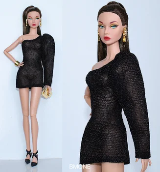 Черна рокля / Уникалната дизайнерска черна риза с един ръкав / 30-см стоп-моушън облекло за кукли Барби 1/6 Xinyi ST FR