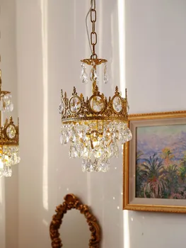 Кристален полилей от френската месинг в ретро стил с медна корона, Нощно шкафче за спалня, Антре, Дневна, Дрешник, Полилей