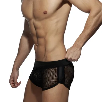 Мрежести домашни панталони, мъжки секси обикновена удобни дишащи шорти-боксерки на Европейската и на американската мода, бански със странична цепка.