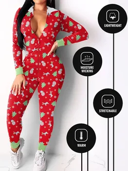 Дамски Коледна пижама Гащеризон с хубав принтом, дълъг ръкав, гащеризон с цип, с качулка, Празнична домашно облекло
