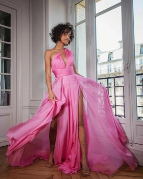 Розови шифоновые дълги вечерни рокли с цепка, сексуална плисирана рокля с А-силует с дължина до пода, за абитуриентски, вечерни рокли за жени De Soriee