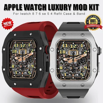 Луксозен Комплект Модификация На Apple Watch 8 7 6 5 4 Метална Рамка Bezel Каишка За часовник Серия iWatch 44 мм 45 мм Корпус От неръждаема Стомана