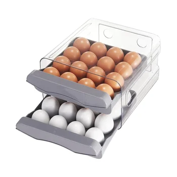 Държач за яйца на 32 мрежа, потребителска кутия за съхранение на яйца в хладилника, прозрачен двуслойни контейнер за съхранение на пиле (сив)