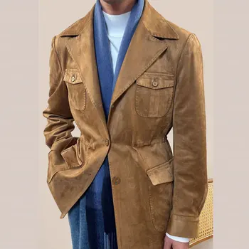Висококачествена замшевая Ловно яке за мъже, бизнес на едно Гише Луксозно италианско палто за възрастните Хора, в началото на с ревери, Мъжки тренч, яке