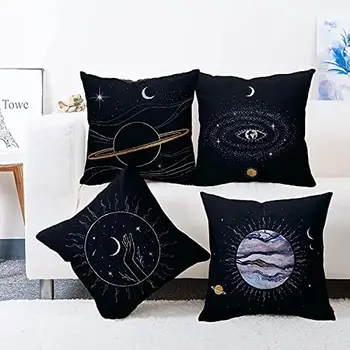 Черна декоративна калъфка за възглавница с изображение на Слънцето и Луната, мандала, калъфка за гадаене, квадратна калъфка 45x45 см