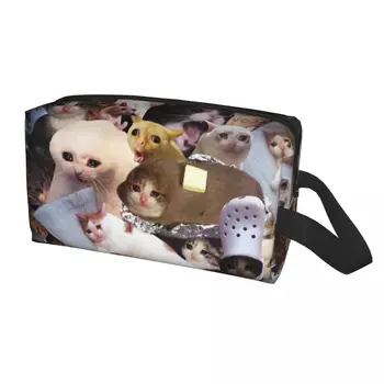 Сладък Плачущий котка Меми Пътна чанта за тоалетни принадлежности за жени, Козметичен органайзер за грим с животни, определени за съхранение на козметика, комплект за грим