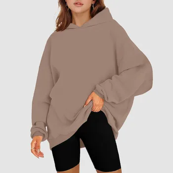 2023 Блузи за жени Извънгабаритни блузи с качулка, мек вълнен плат случайни пуловер с дълъг ръкав в Свободна лека есен облекло