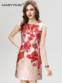 MARYYIMEI/ Ново модно дизайнерско рокля с кръгла яка, без ръкави, с бродерия на цветя и златни пайети, Ежедневното мини рокля на бретелях