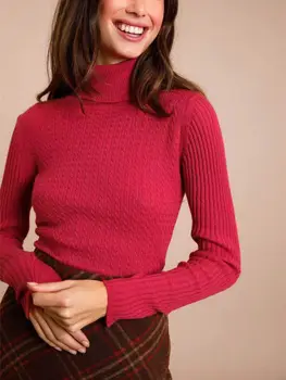 Дамски червено поло, вязаный тънък пуловер пуловер обрат-вит с дълъг ръкав