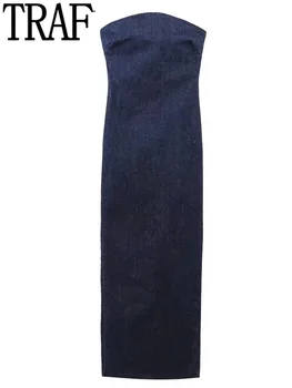 Синьо джинсовое рокля ТРАФИКА, женски корсетное рокля с открити рамене, дамски панталони и Дълги рокли за жените 2023, Елегантни вечерни рокли Midi