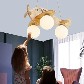 Мультяшная дървена полилей във формата на самолет за децата, спалня за момчета, led подвесная лампа, Окачени фенери и за детски стаи, Окачени светлини за самолети