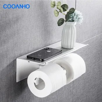 Държач за тоалетна хартия COOANHO с рафт, Държач за съхранение на тоалетна хартия на стената на Хранилище за тоалетна хартия (черен мат)