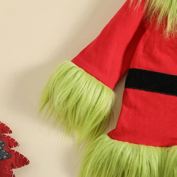 Коледен cosplay-костюм за деца, Зелена Опашка на чудовището, Върховете на Дядо Коледа с качулка, Комплект зелени кожени панталони