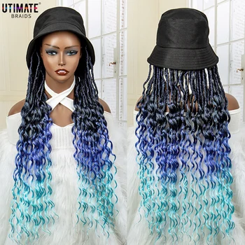 24 инча синтетични синя коса машина за производство, Евтина регулируема шапка, перука с къдрава дредами, удължаване на коса за жени