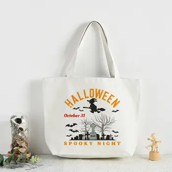 Чанта за пазаруване с принтом Happy Halloween, оригинален дизайн, бели модни пътни холщовые унисекс чанти