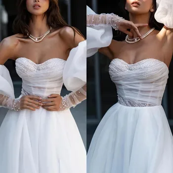 Сватбена рокля с открити рамене, с шнур и висока цепка, уникално луксозна дантела рокля без презрамки