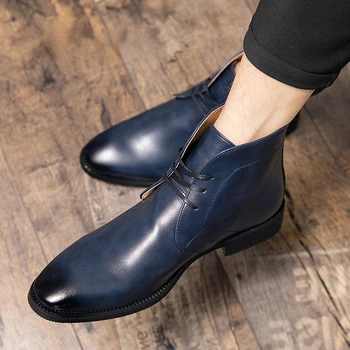 Мъжки обувки Coslony Сини Високи Мъжки обувки Челси за почивка от изкуствена кожа в британския стил, мъжки къси ботуши с перфорации тип 