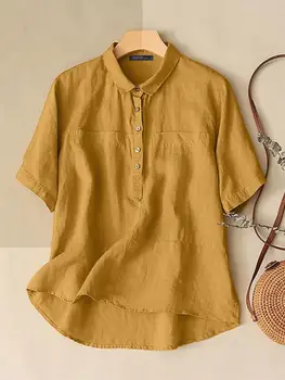 ZANZEA Лятна блуза с ревера и къс ръкав Модни Обикновен потник Дамски Елегантен Свободна риза Дамски Ежедневни Работна риза копчета 2024