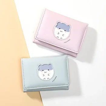 Корейски модерен кратък жена портфейл с три гънки, Сладък чантата с домашни любимци, лесна чанта за карти от изкуствена кожа с няколко карти, дамски