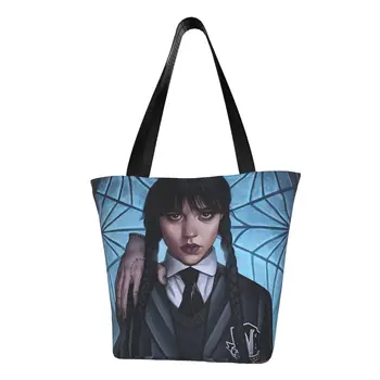 Модерен принт, чанти за пазаруване Wednesday Addams, миещи холщовые чанти за пазаруване, чанта за момичета в готически стил