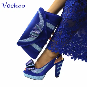 Кралският син цвят, италиански дизайн, комплект дамски обувки и чанта в нигерия стил и удобни обувки-лодка на обувки с кристали