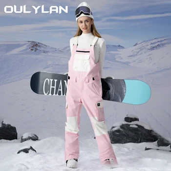 Oulylan Висококачествени ски панталони Ветроупорен и водоустойчива Цветна блокове Мъжки и женски на открито екипировка за сноуборд Гащеризони