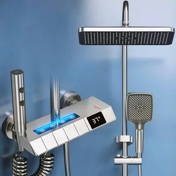 Led душ-система за баня, комплект за баня с цифрово душ, Сив, Бял, Мат, Сив, Термостатичен Смесител за душ, комплект за баня