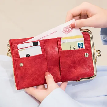 Кратък жена чантата си с нов клип за монети, Ретро Многофункционален сгъваем портфейл, чанта за карти, дамска мода, Просто