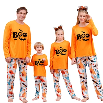 Пижами за цялото семейство за Хелоуин, детски тела / блузи с дълги ръкави с писмото принтом и панталони с принтом прилеп-динозавър, комплект пижамной дрехи