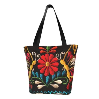 Чанта за пазаруване с мексикански пеперуди, холщовая чанта за пазаруване с принтом, по-голямата голям цветна чанта с бродерия