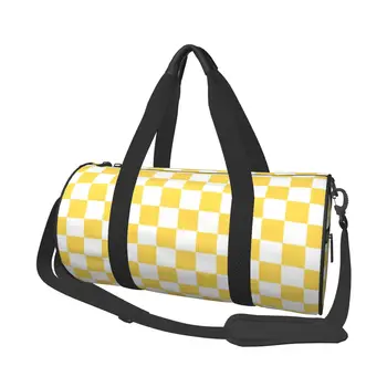 Спортни чанти с шахматным модел, горчично-жълт модни голяма спортна чанта, преносима мъжки дамски чанта за плуване, новост, чанта за фитнес