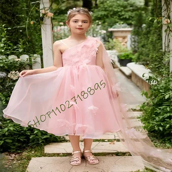 Елегантна розова рокля с цветя модел с едно рамо за тържествен повод, Сватба, рожден Ден, Първото Причастие, Театрална парти