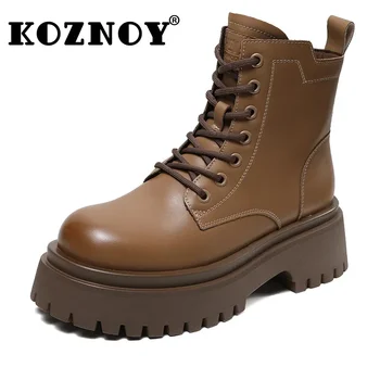 Koznoy 6 см., естествена кожа, пролет-есен, ботильоны на платформа с цип в британския стил, мотоциклетни ботуши, дамски обувки в масивна ток