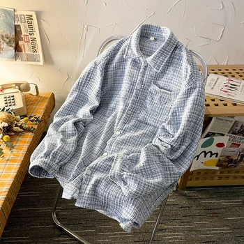 Есенна мъжки памучен риза в клетка с един джоб, дълъг ръкав, ежедневни риза стандартни размери копчета 2024 година, ризи B156