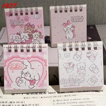 Настолен календар с анимационни Розов котка 2024, Мини-симпатичен настолен календар с панти капак, Малко Ежедневно планиране, Месечен календар за дома