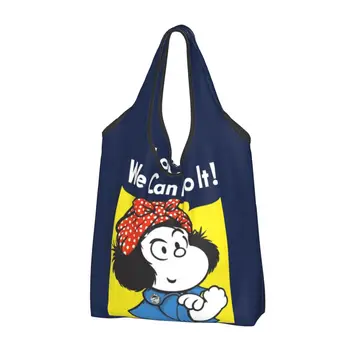 Големи многократна употреба за хранителни стоки чанти Mafalda We Can Do It, за да се рециклират, сгъваема забавна чанта за пазаруване, която може да се пере, по-лека.