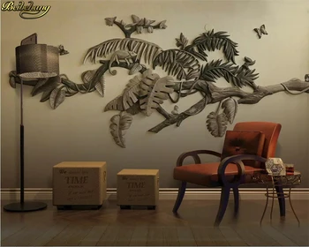 тапети beibehang по поръчка, 3d стенопис, европейски творчески 3D стерео фон с релефни тропически растения, цветя и птици върху фона на стени