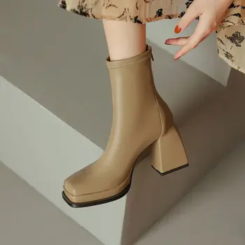 Водоустойчив Къси ботуши на платформа и дебел ток, Есенни дамски обувки 2023, Нова мода, Универсални дамски обувки на висок квадратен ток