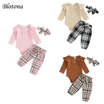 Пролет-есен дрехи за малките момичета Blotona, монофонични гащеризон с кръгло деколте и копчета, дълги ръкави, Изпъстрен с Дълги панталони, превръзка на главата-комплект от 3 броя