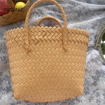 YUSUNIZ Модни дамски тканая чанта в бежов цвят, преносим чанта за пикник, женствена чанта за отдих, плажна чанта, кофа, подарък за ръце