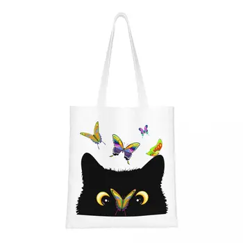 Дамски и мъжки чанти-тоут с мил и палава котка и папийонка, пазарска чанта с голям капацитет за чанти купувачи