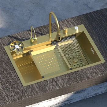 Водопадная Златна кухненска мивка, мивка от неръждаема стомана, Голяма мивка с един отвор под мивката дясната страна надолу за кухни
