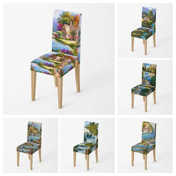 Начало на калъф за стол в стил на маслената живопис, кухненски калъфи за столове, Регулируеми кът седалките от еластична тъкан, калъфи за столове, калъф за стол за сватба