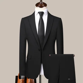 2024 Нов Висококачествен стрейчевый костюм с дълъг ръкав, мъжки Корейски бизнес комплекти за почивка, обикновена джентльменские комплекти от две части