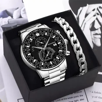 2 бр., нов модерен мъжки часовник от неръждаема стомана, луксозни кварцов часовник, Календар, Светещи часовници, мъжки бизнес ежедневни часовници