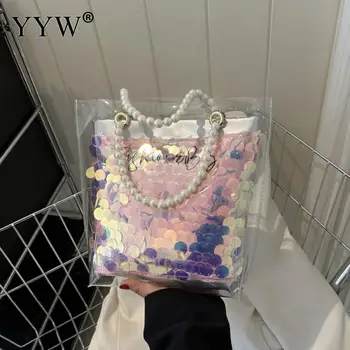 Модни перлена дръжка, прозрачна чанта, изработена от PVC, дамски лъскава желейная чанта, Дамски луксозни чанти през рамо Дамски чанти-месинджър