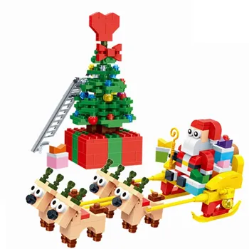 Коледни подаръци от Шейната на Дядо Коледа с лосем, Весела Коледна елха, Строителни блокчета, Играчки за деца, подарък за Коледа за децата, Коледна играчка