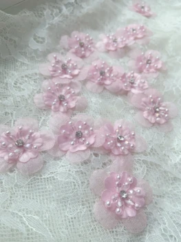 10 парчета Розови цветни мъниста, ръчно изработени, апликация от планински кристал, 3D нашивка от органза с цветен модел за дрехи, diy за сватбени рокли